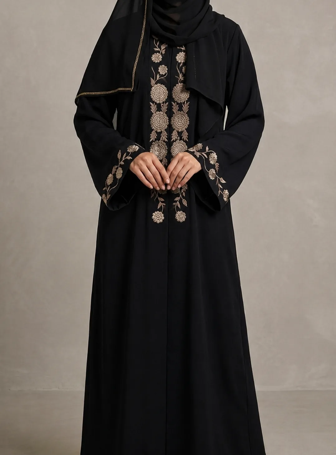 Gold floral noir abaya