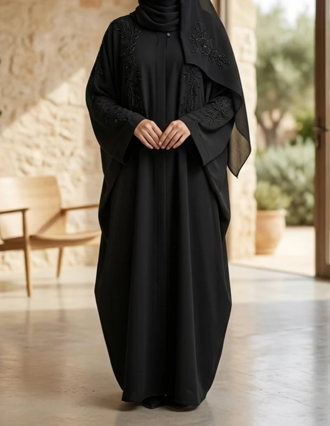 Noir floral beaded set abaya