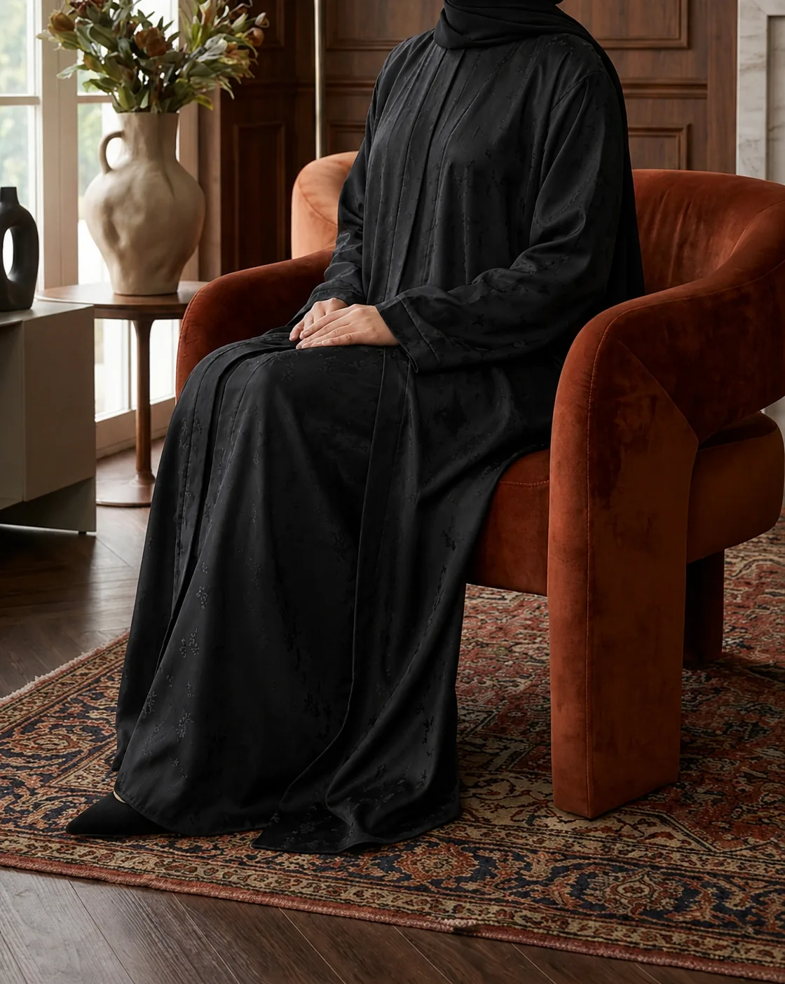 Noir floral jacquard abaya