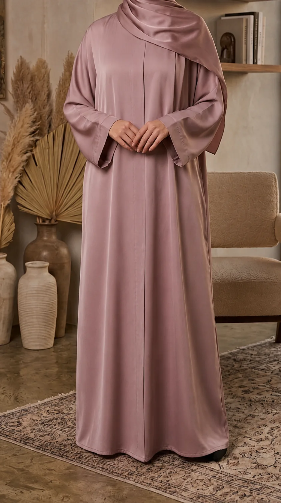 Dusty rose satin abaya set