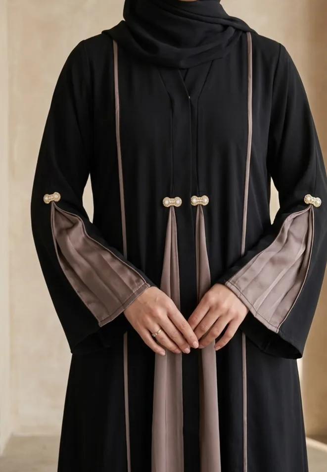 Taupe pearl pleat abaya