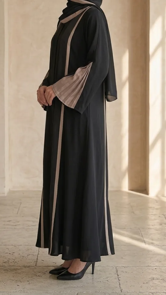 Pleated sleeve contrast abaya